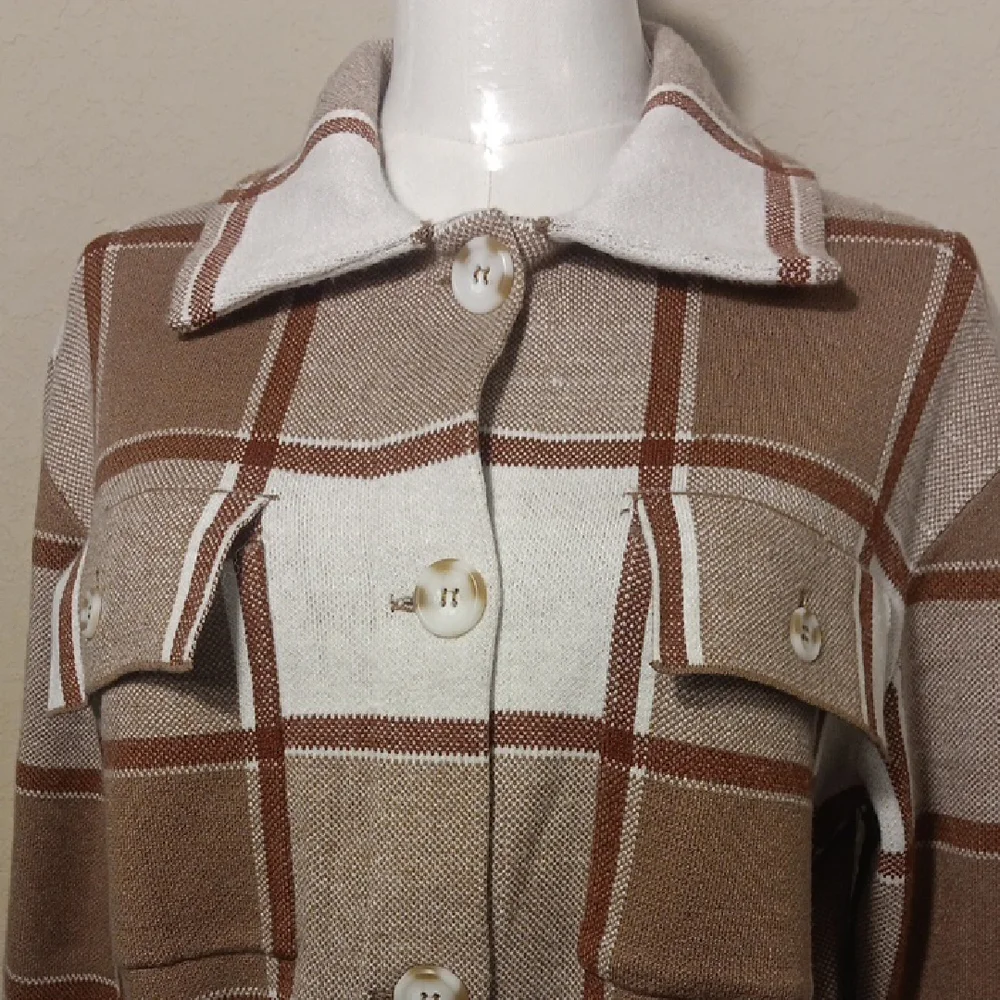 NWT Cupcakes & Cashmere Caramel Plaid Belted Shacket Coat Small